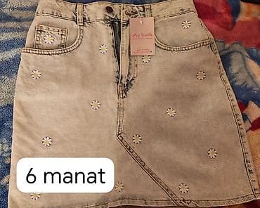 qara cins: Bir neçə məhsul bir yerdə: 1) Qadın cins ətək – açıq bej/solğun denim — 1