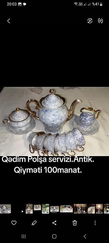ata bala tortu: Çay dəsti, rəng - Bənövşəyi, Farfor, Bohemia, 6 nəfərlik, Azərbaycan — 1