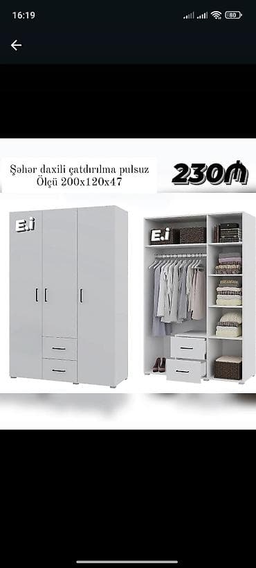 Ağ rəngli 3 qapılı paltar dolabı - Ölçü: 200×120×47 sm - Daxili