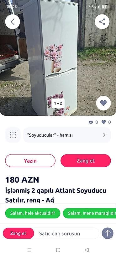 İşlənmiş 2 qapılı Atlant Soyuducu Satılır, rəng - Ağ