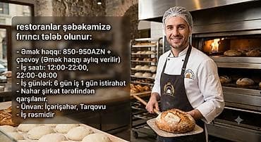 Otel, kafe, restoranlar: Aşpaz tələb olunur, Çörəkçi, İstənilən yaş, Təcrübəsiz — 1
