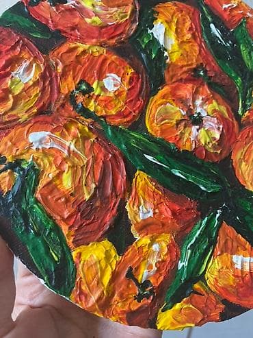 07 sekili: Portağal və yaşıl rənglərdən ibarət abstrakt çiçəkli rəsm əsəri. Rəsm — 2