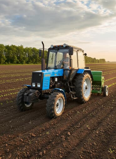 Traktor saz vəziyyətdədir. Üzərində kotan,taxıl səpən və rotor — 1