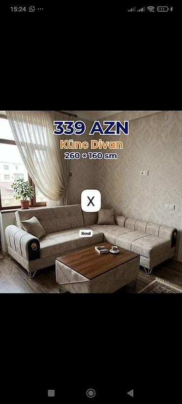 Ev üçün mebel: Künc Divan – 260 × 160 sm Qiymət: 339 AZN (şəkildə göstərildiyi — 1