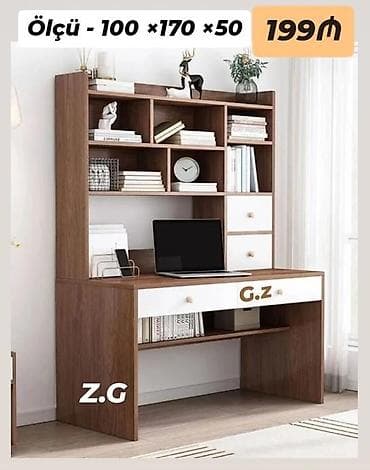 ev ucun nərdivan: Ofis/iş masası və üst raflı kitabxana modulu - Ölçü: 100 × 170 × 50 — 1