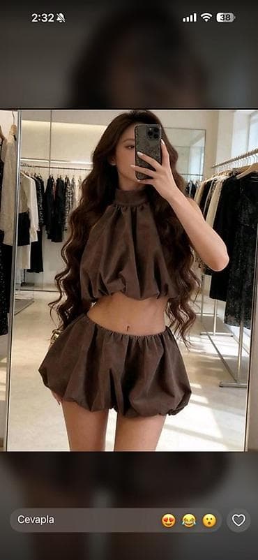 Qadın dəst – şokolad rəngi, 2 hissəli - Stil: mini ətək-şort