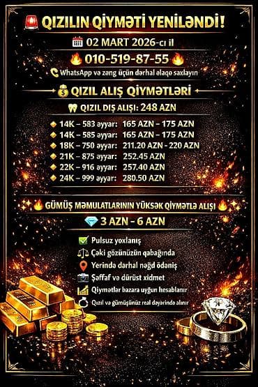 işlənmiş qızılar: Qızıl və gümüş alışı xidməti Tarix: 02 mart 2026 Qızıl alış — 1