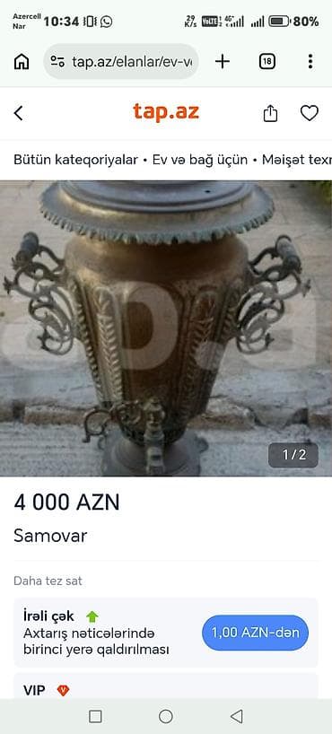 İdman və hobbi: Antik samovar – bürünc/küpə formalı, oymalı dekorla. Korpusda zərif — 1