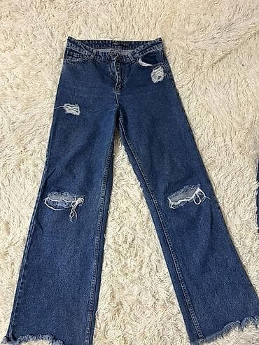 Klassik mavi rəngdə “distressed” detallı cins şalvar. - Model: düz — 1