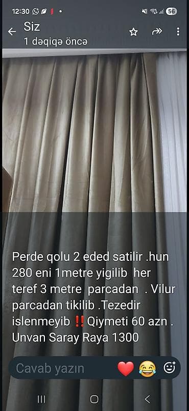 2ci el perde: Pərdə qolu – 2 ədəd - Hun 280 - Eni: 1 metr (yığılıb) - Hər tərəf: 3 — 1