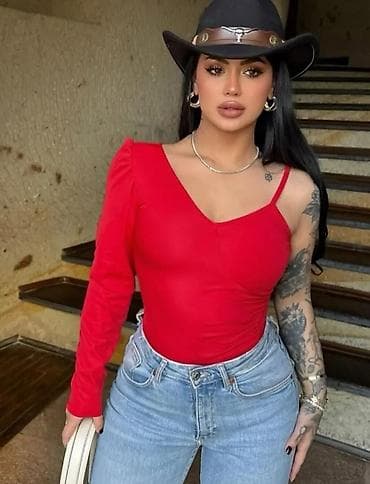 Uşaq geyimi və ayaqqabıları: Qadınlar üçün asimmetrik qırmızı bodi - Dizayn: V-kəsim, bir tərəfi — 1