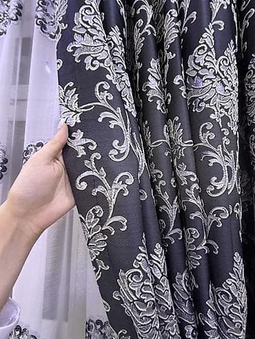 ucuz tüller: Qara-gümüş naxışlı pərdə dəsti yeni alinib - Dəst: Qalın dekorativ — 1