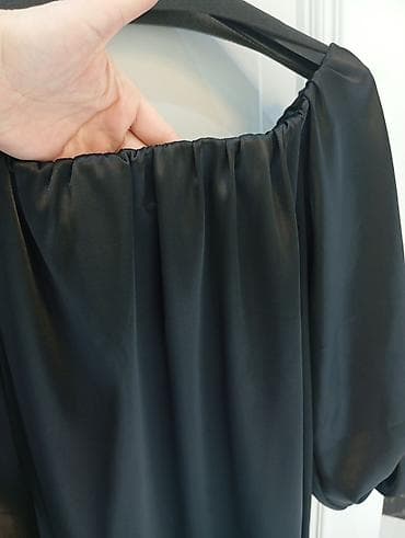 cicekli don: Qara atlas effektli paltar - Model: off-shoulder (rezinli geniş — 1