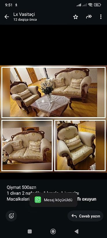 kohne kreslo: Qiymət 500azn 1 divan 2 nəfərlik, 1 kreslo, 1 jurnalnı Macalkalari — 1