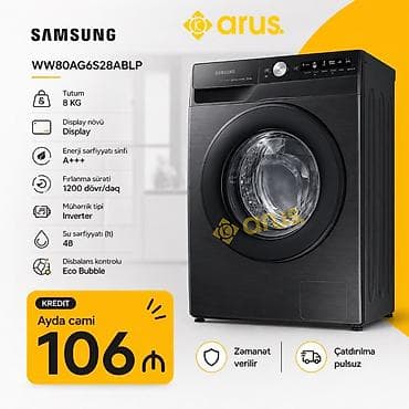 Paltaryuyan maşın Samsung, 8 kq, Avtomat, Qurutmasız, Kredit var