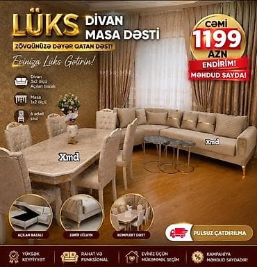 Ev üçün mebel: Lüks divan–masa dəsti Komplekt tərkibi: - Divan: 3x2 ölçü, açılan — 1