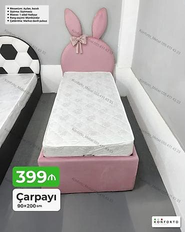 Uşaq üçün çarpayı – 90×200 sm - Başlıq: dovşan qulaqlı, yumşaq — 1