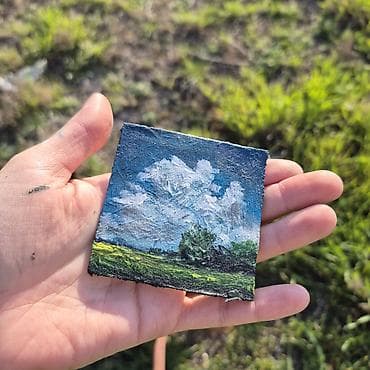 Velosiped ehtiyyat hissələri: Miniatür akril boya tablo – açıq səma və çəmənlik mənzərəsi - — 4