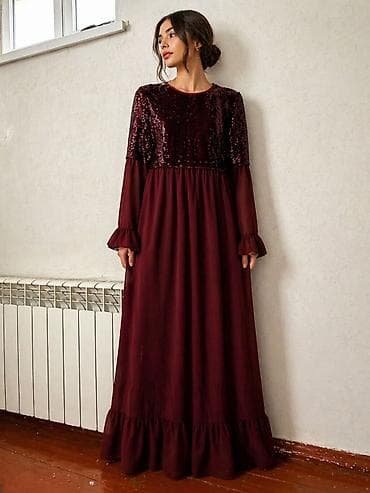 Bordo rəngli uzun ziyafət/abiyə don - Üst hissə: parıltılı payetlərlə