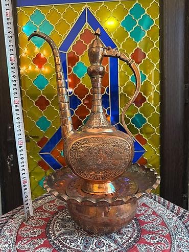 qedim kasa: Misdən hazırlanmış əl işi samovar/qəndil tipli su qabı dəsti isteyen — 3