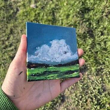 dekor divar sekilleri: Mini akril boya tablo – “Buludlu çəmənlik” motivi - Texnika: akril — 6