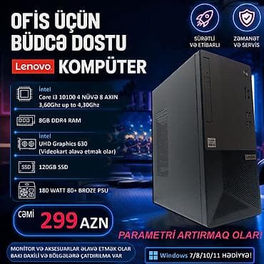 Masaüstü kompüterlər və iş stansiyaları: Masaüstü Kompüter "DDR4 Lenovo V50t 13IMB Core i3 10100 128GB SSD” — 4
