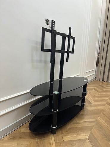ты стенд: TV stendi və asqı sistemi - Material: qara temperli şüşə rəflər (3 — 1