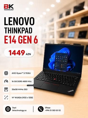 Yeni Lenovo ThinkPad, 14 ", AMD Ryzen 5, 256 GB, Rayonlara çatdırılma, Ünvandan götürmə