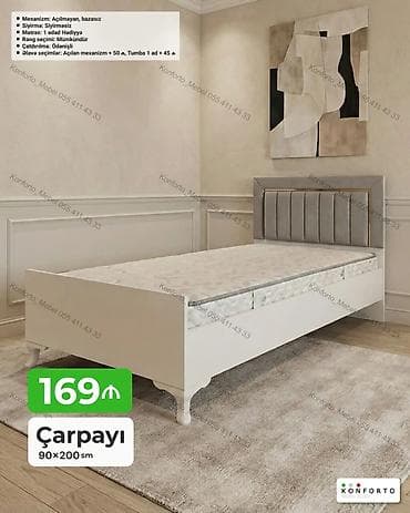 Mebel: Məhsul: Tək nəfərlik çarpayı Ölçü: 90×200 sm Xüsusiyyətlər: - — 1
