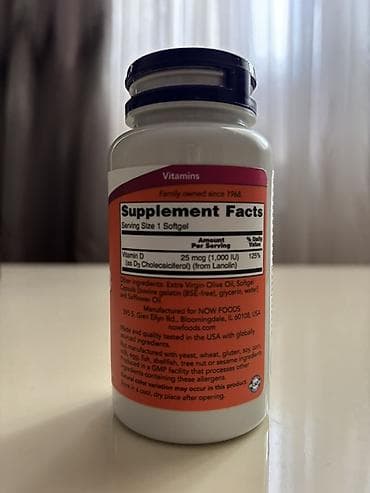 Məhsul: NOW Vitamin D3, 1,000 IU – 180 softgel - Tərkib: Vitamin D — 2