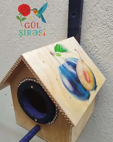 qara mal: Quş yuvası Olçüsü 15*12*12 - Material: ağac - Dizayn: sarı damlı, ön — 2