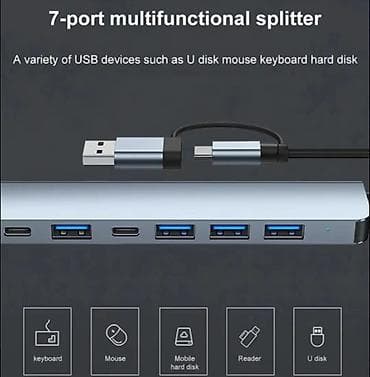 komputer lombard: 7 Portlu USB Hub – USB-C + USB-A 2‑in‑1 Xüsusiyyətlər: - Ümumi 7 port — 4