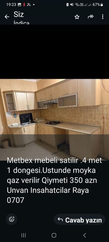 metbex şkaf: Mətbəx mebeli satılır. - Ölçü: təxminən 4 metr, 1 bucaq/dönge - — 1