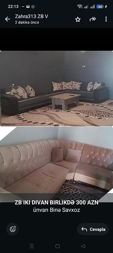 ucuz divan: *ZB* *IKI DIVAN BIRLIKDƏ 300 AZN* ünvan Binə Savxoz — 1