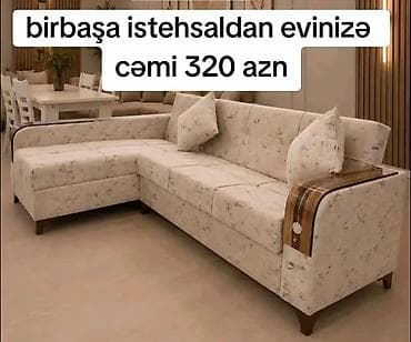 Künc divan – yumşaq parça üzlüklə, açıq bej rəngdə xırda naxışlı — 1