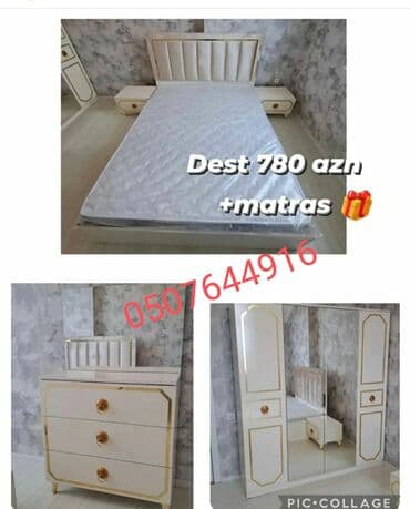 спальная мебель баку: Двуспальная кровать, Трюмо, Шкаф, 2 тумбы, Азербайджан, Новый — 25