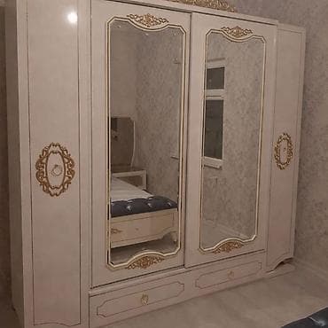 mdf panel: Klassik üslubda yataq otağı mebel dəsti - Rəng: krem-ağ, qızılı naxış — 4