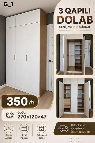 termo ucuz: 3 qapılı dolab – geniş və funksional Xüsusiyyətlər: - Ölçü: 270 × 120 — 1