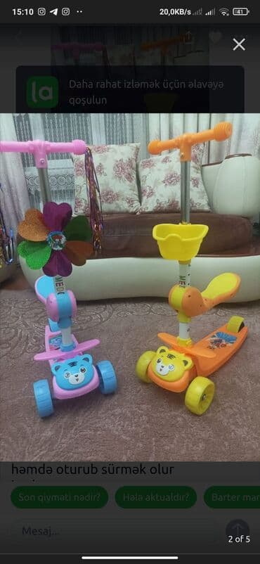 трехколесный велосипед с ручкой: Scooter 🌀 Açılıb yığılır 🌀 Oturub sürmək olur 🌀 işıqlı 🌀 səbəti ve — 5