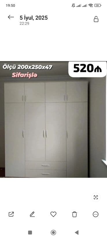 Dolablar: Yeni, Açılan, Düz dolab, Qarderob, paltar dolabı, Azərbaycan — 1