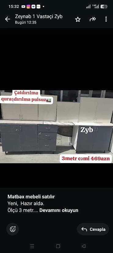 *Mətbəx mebeli satılır* Yeni, Hazır əldə. Ölçü 3 metr. Matreal Rus