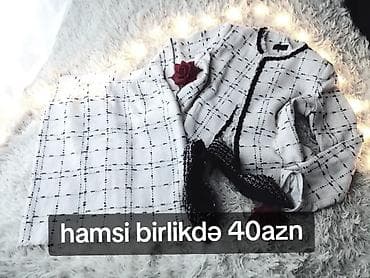Qadın geyim dəstləri 1) Ağ-qara dama naxışlı dəst - Jaket: qara