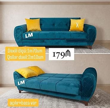 Divanlar: Açılıb yatağa çevrilən divan. Mavi rəngli, yumşaq üzlüklü və zərif — 1