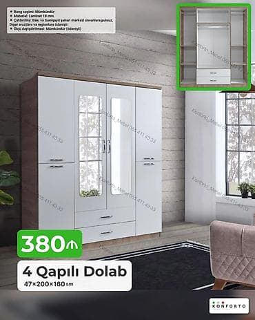 Mebel: 4 qapılı paltar dolabı — 47×200×160 sm - Material: 18 mm laminat - — 1