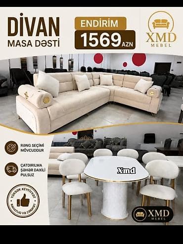 balkon masa: DİVAN və MASA DƏSTİ – XMD Mebel - Yumşaq, L formalı künc divan: krem — 1
