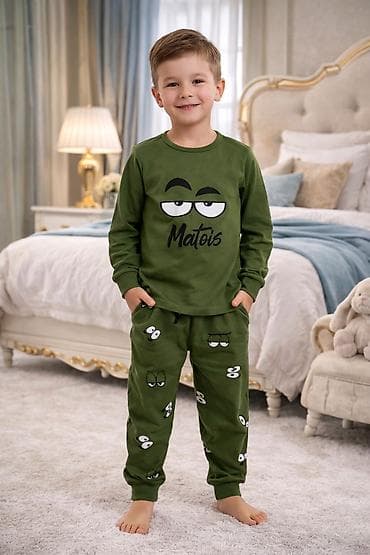 Uşaq pijama dəsti 4-5yaş - Rəng: zeytun-yaşıl - 2 hissə: uzunqollu