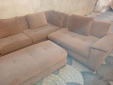 kreditle kunc divanlar: Künc divan dəsti – yumşaq süet tipli parça, bej/qəhvəyi rəng — 2
