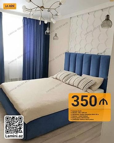 Mavi rəngli yumşaq başlıqlı çarpayı (taxt) - Ölçülər: 160 × 200 sm -