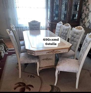 stul uzluyu: Klassik üslubda yemək otağı dəsti: - Dördkünc, geniş süfrə masası – — 1