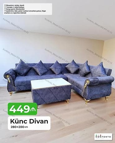 Künc divan – 280×200 sm - Mexanizm: açılan, bazalı (yataq funksiyalı